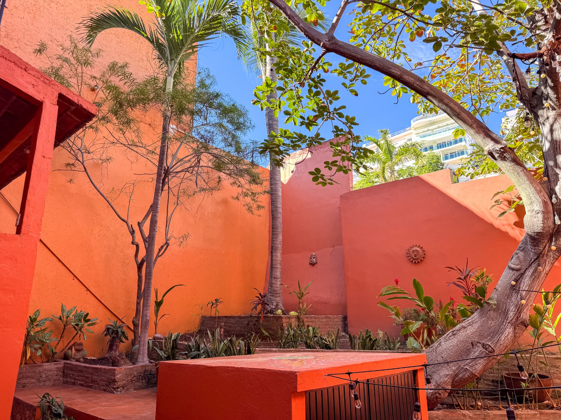 Patio interior con muros de terracota y vegetación tropical